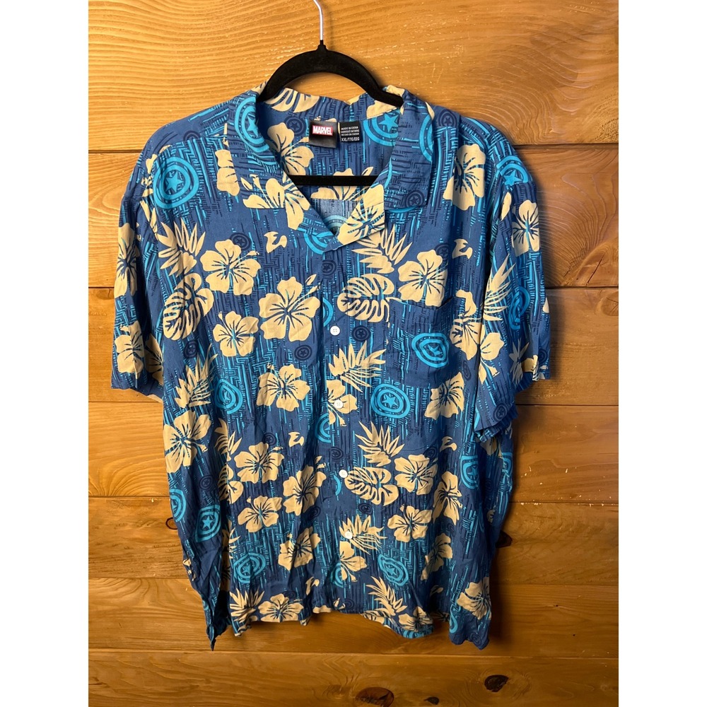 Marvel Comics Captain America Men Hawaiian Shirt XXL Blue Short Sleeve Button Up